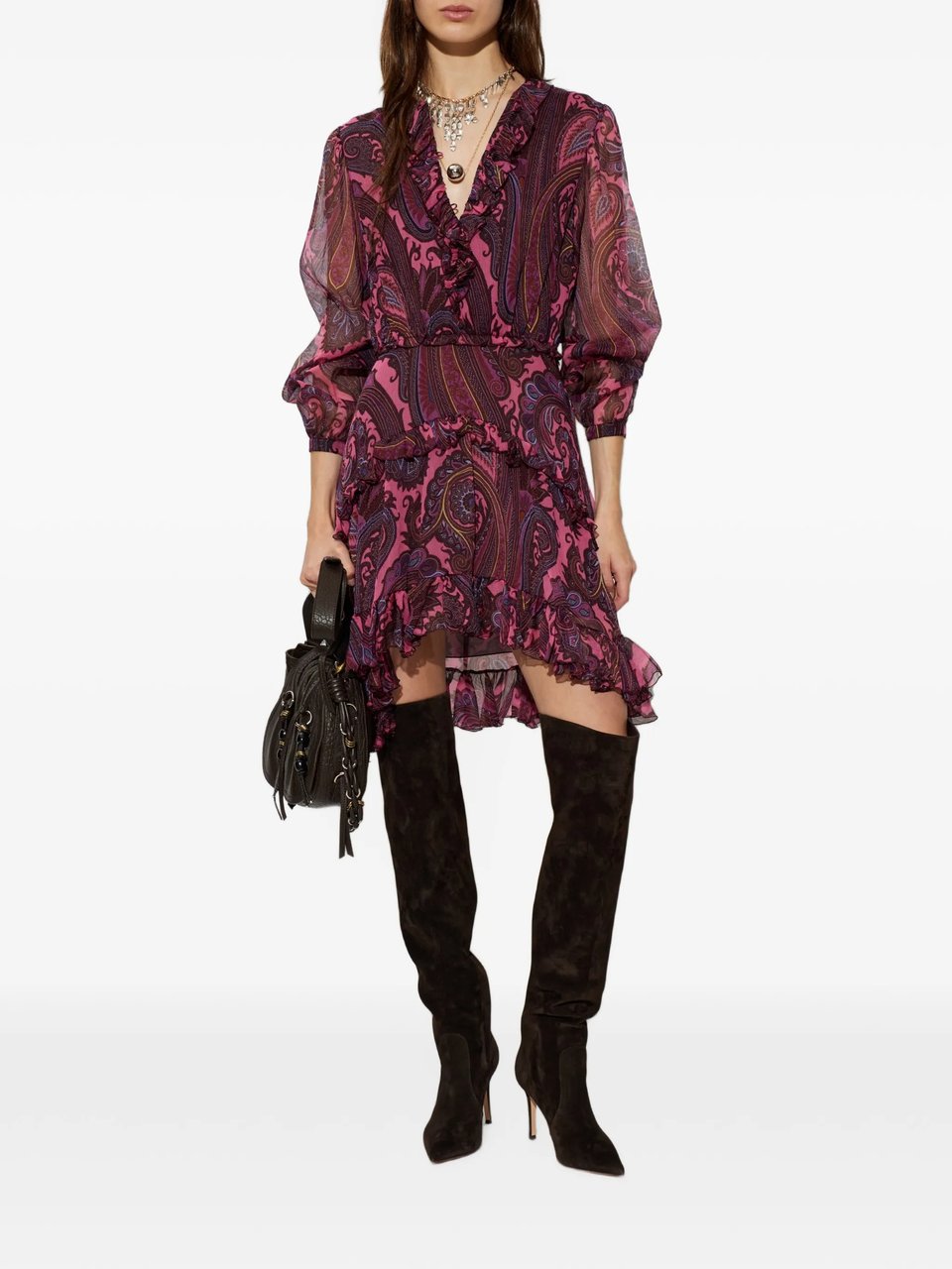 Etro Paisley Print Mini Dress with Sheer Sleeves Zwart