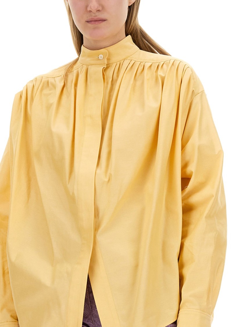 Etro Pleated High Collar Cotton Poplin Blouse Geel
