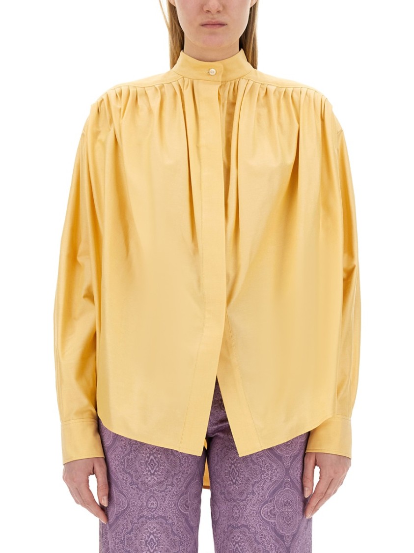 Etro Pleated High Collar Cotton Poplin Blouse Geel