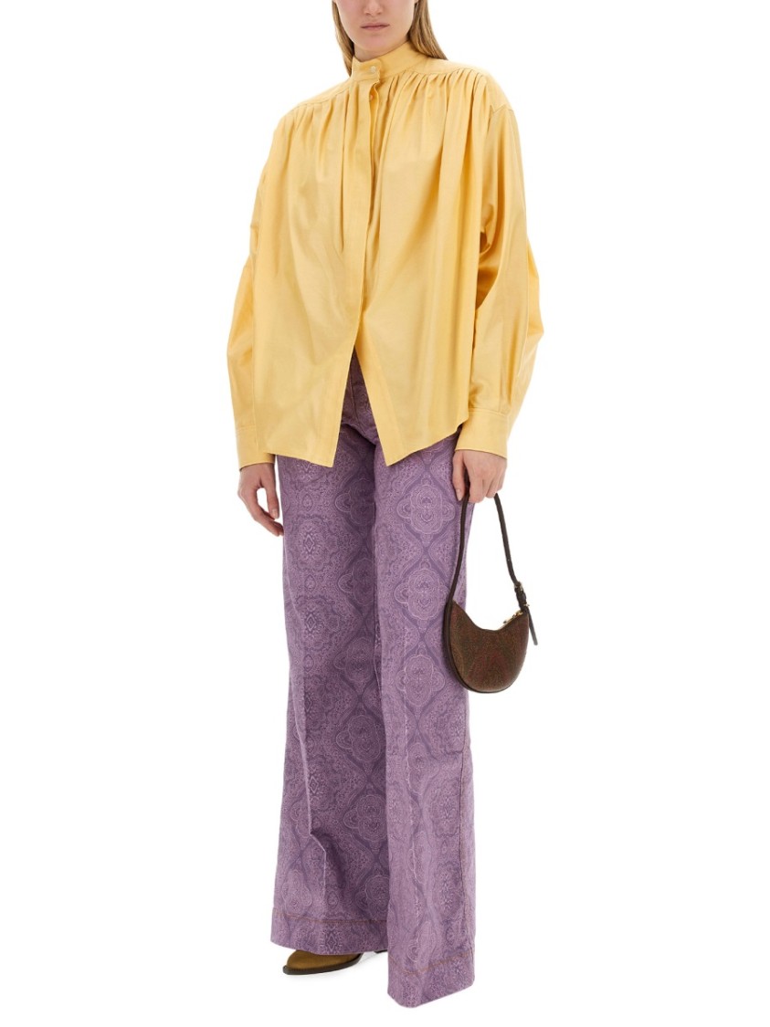 Etro Pleated High Collar Cotton Poplin Blouse Geel