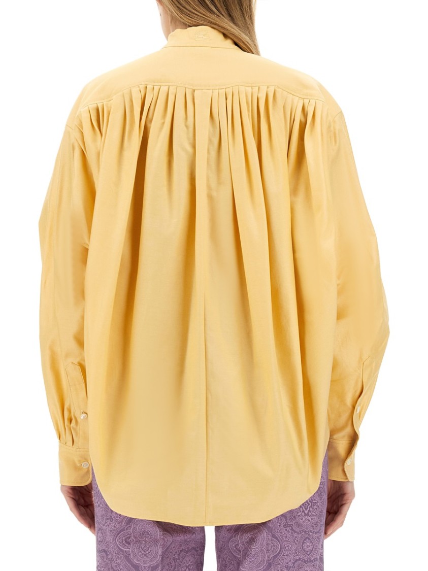 Etro Pleated High Collar Cotton Poplin Blouse Geel