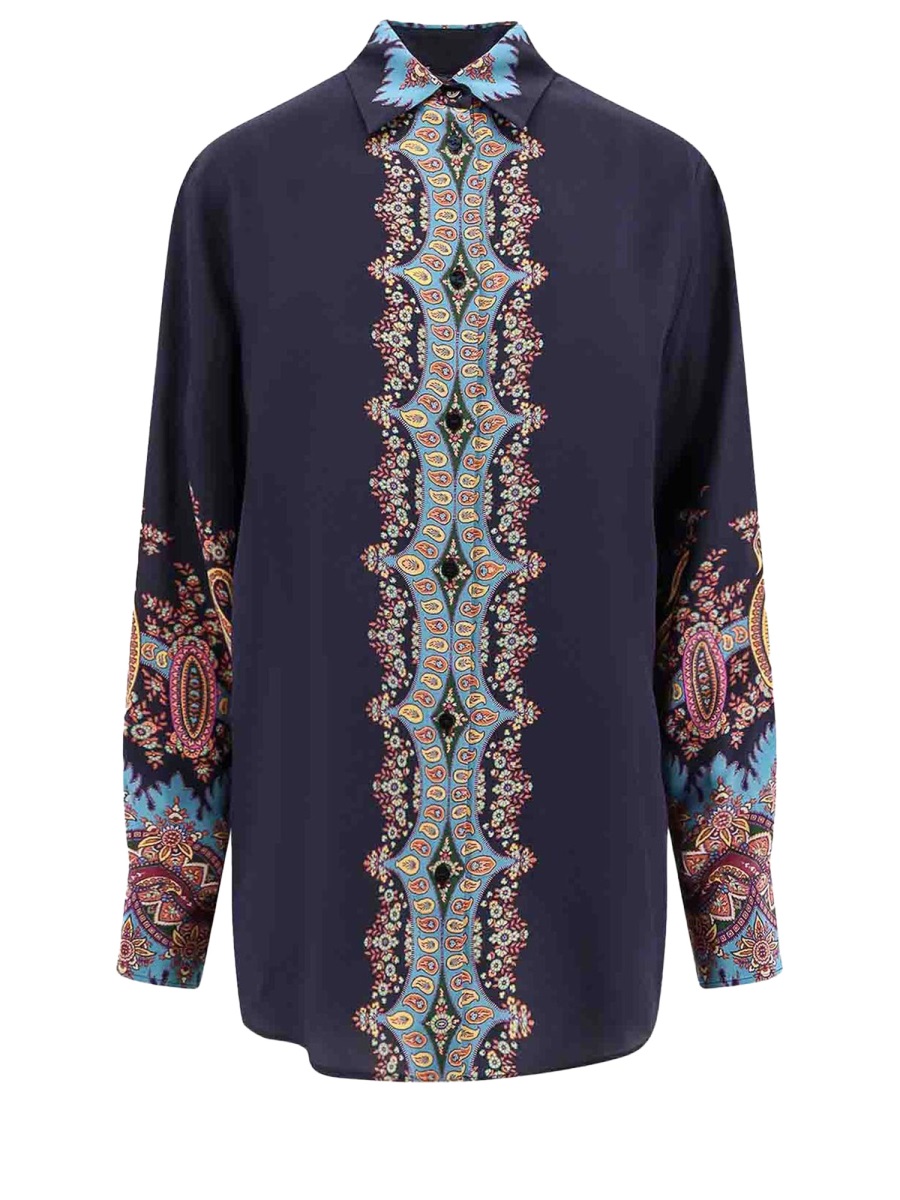 Etro Navy Blue Paisley Silk Blouse Zwart