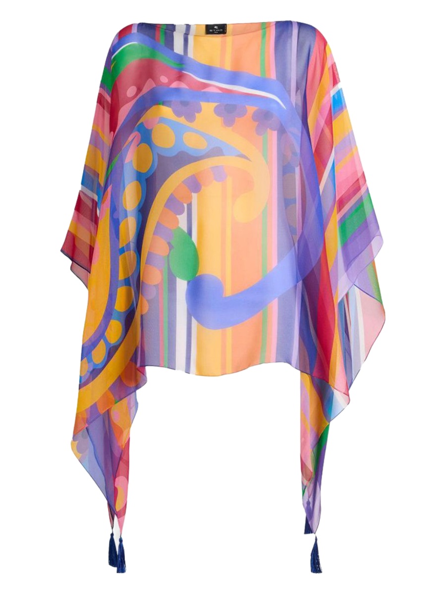 Etro Multicolor Paisley Print Tassels Silk Top Blauw