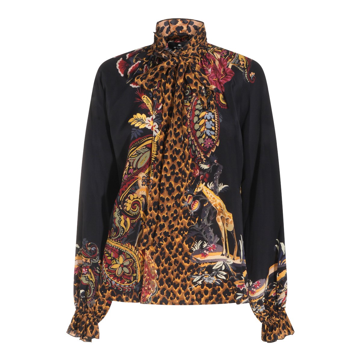 Etro Multicolor Silk Shirt With High Collar And Ruffled Cuffs Zwart