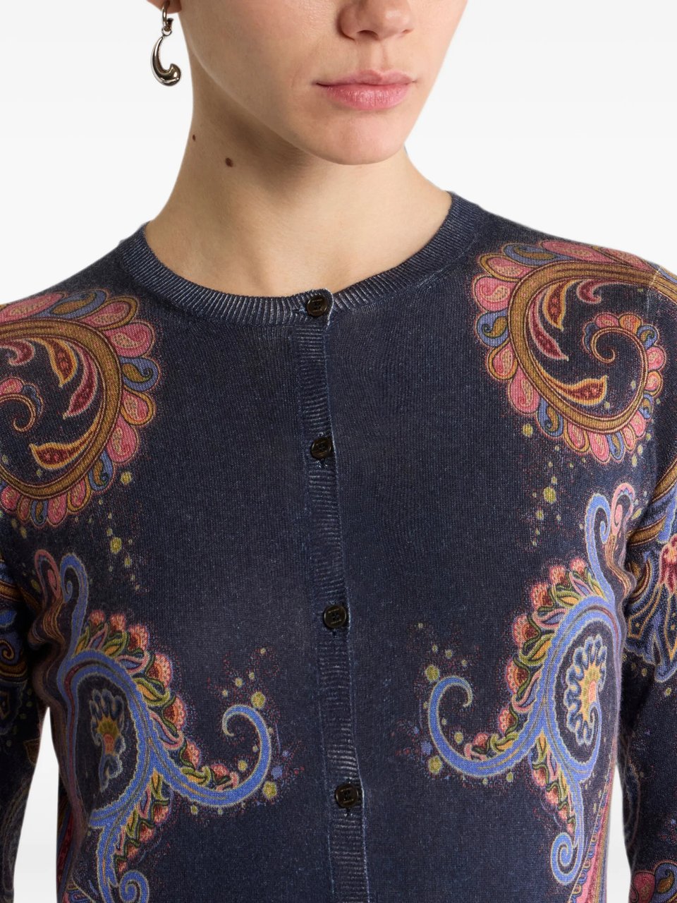 Etro Navy Paisley-Patterned Knit Cardigan Zwart
