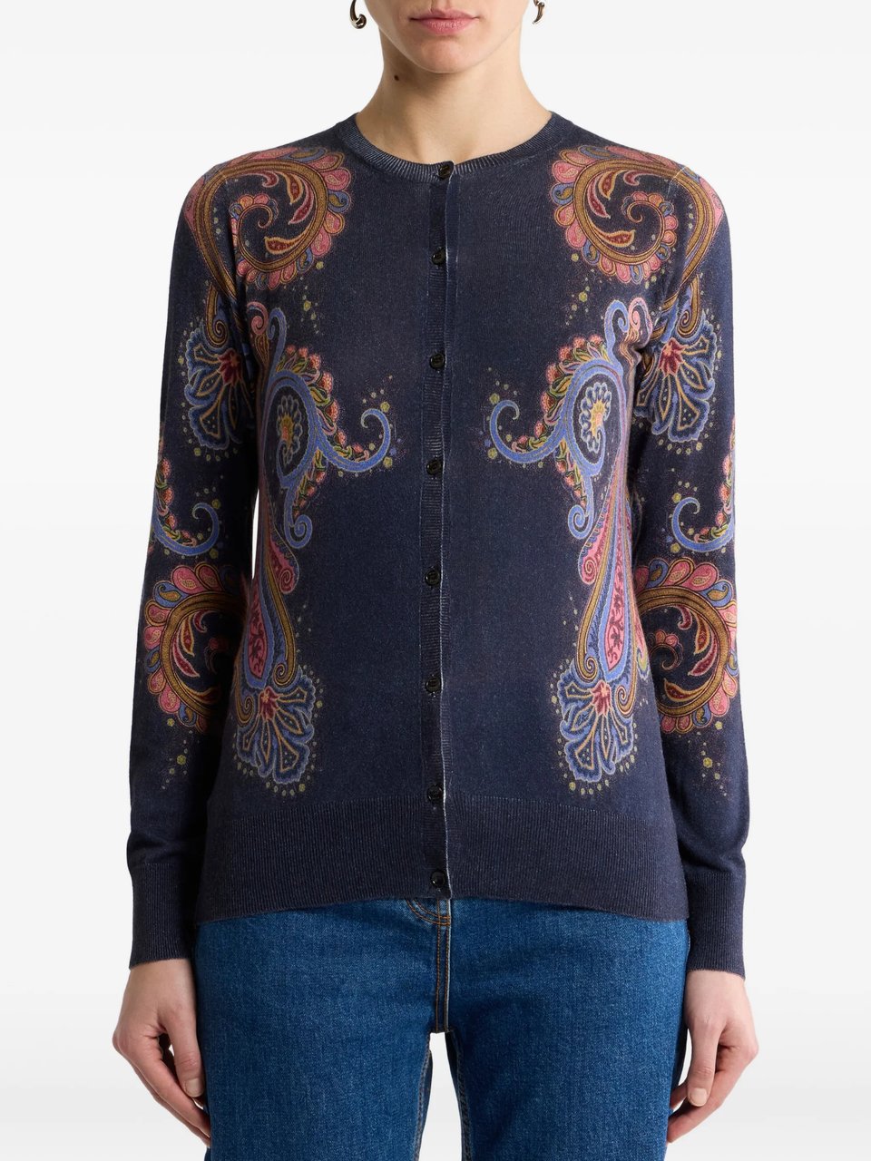 Etro Navy Paisley-Patterned Knit Cardigan Zwart