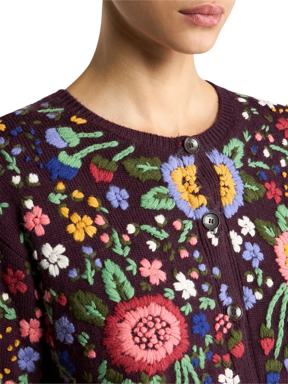 Etro Cropped Burgundy Floral Embroidered Cardigan Zwart