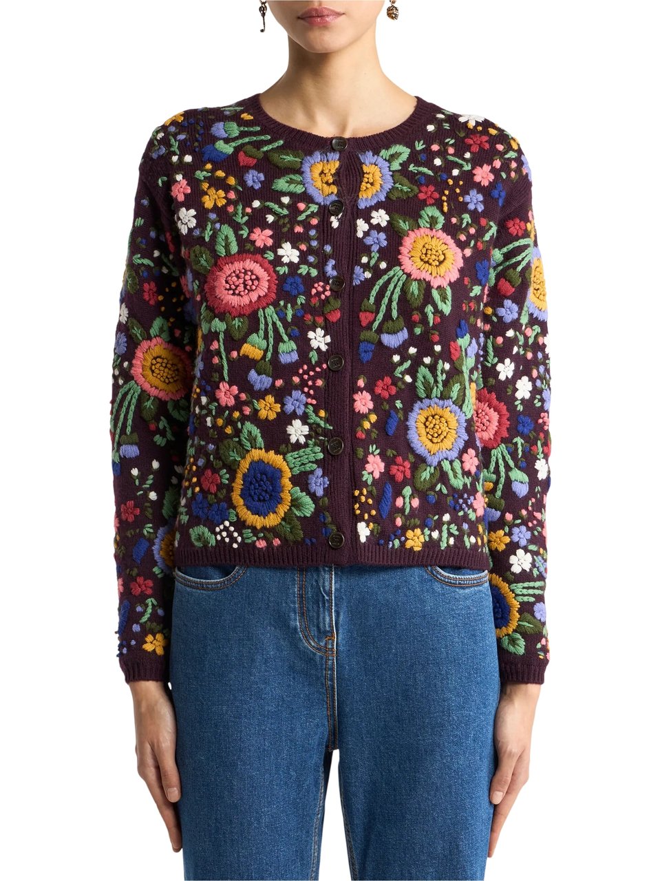 Etro Cropped Burgundy Floral Embroidered Cardigan Zwart