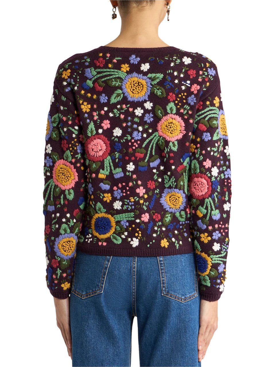 Etro Cropped Burgundy Floral Embroidered Cardigan Zwart