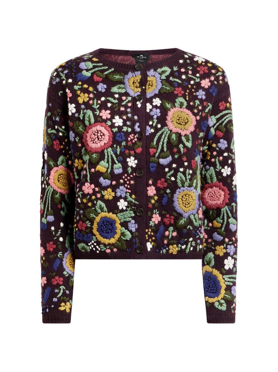 Etro Cropped Burgundy Floral Embroidered Cardigan Zwart