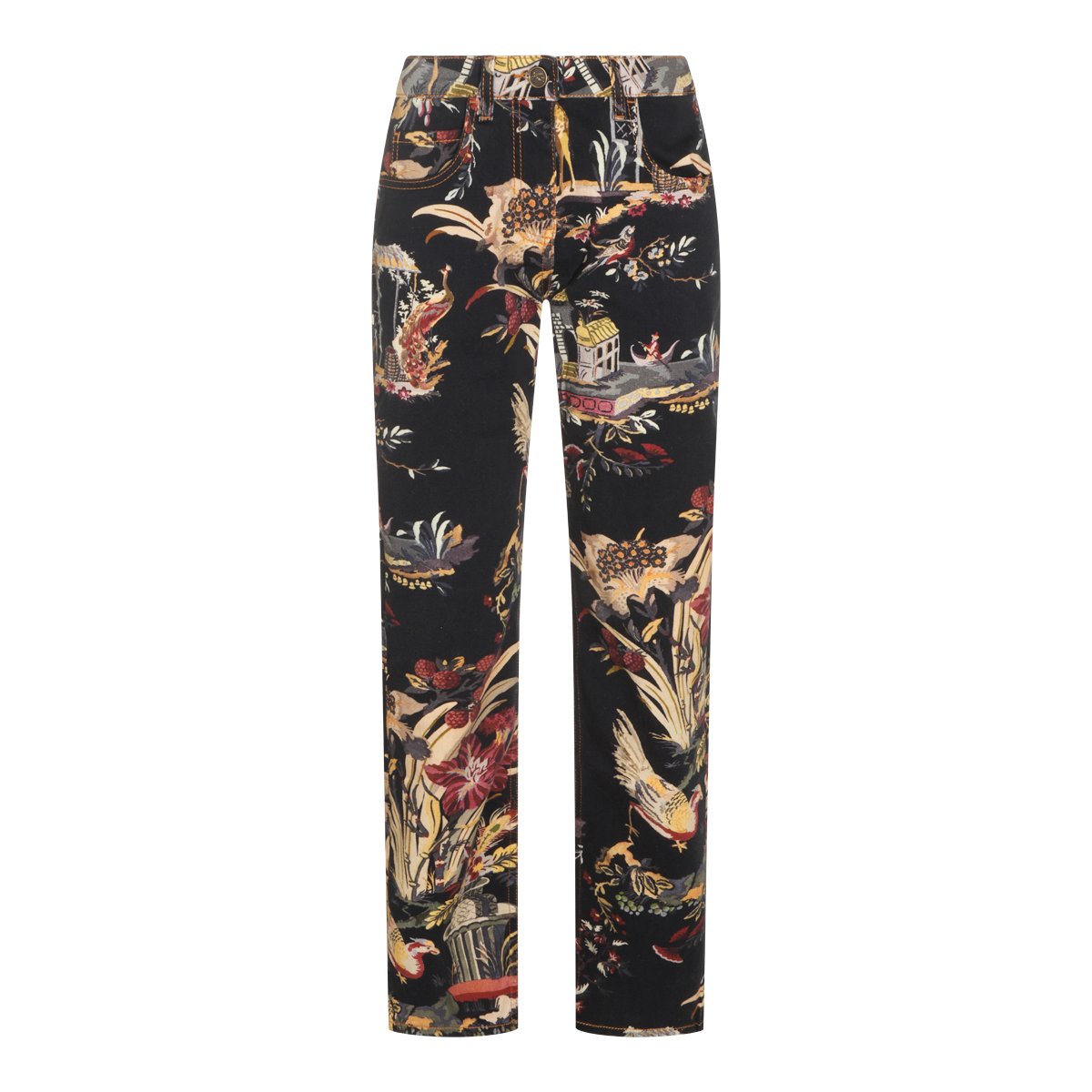 Etro Floral-Print Straight Fit Jeans with Bordeaux Accents Zwart