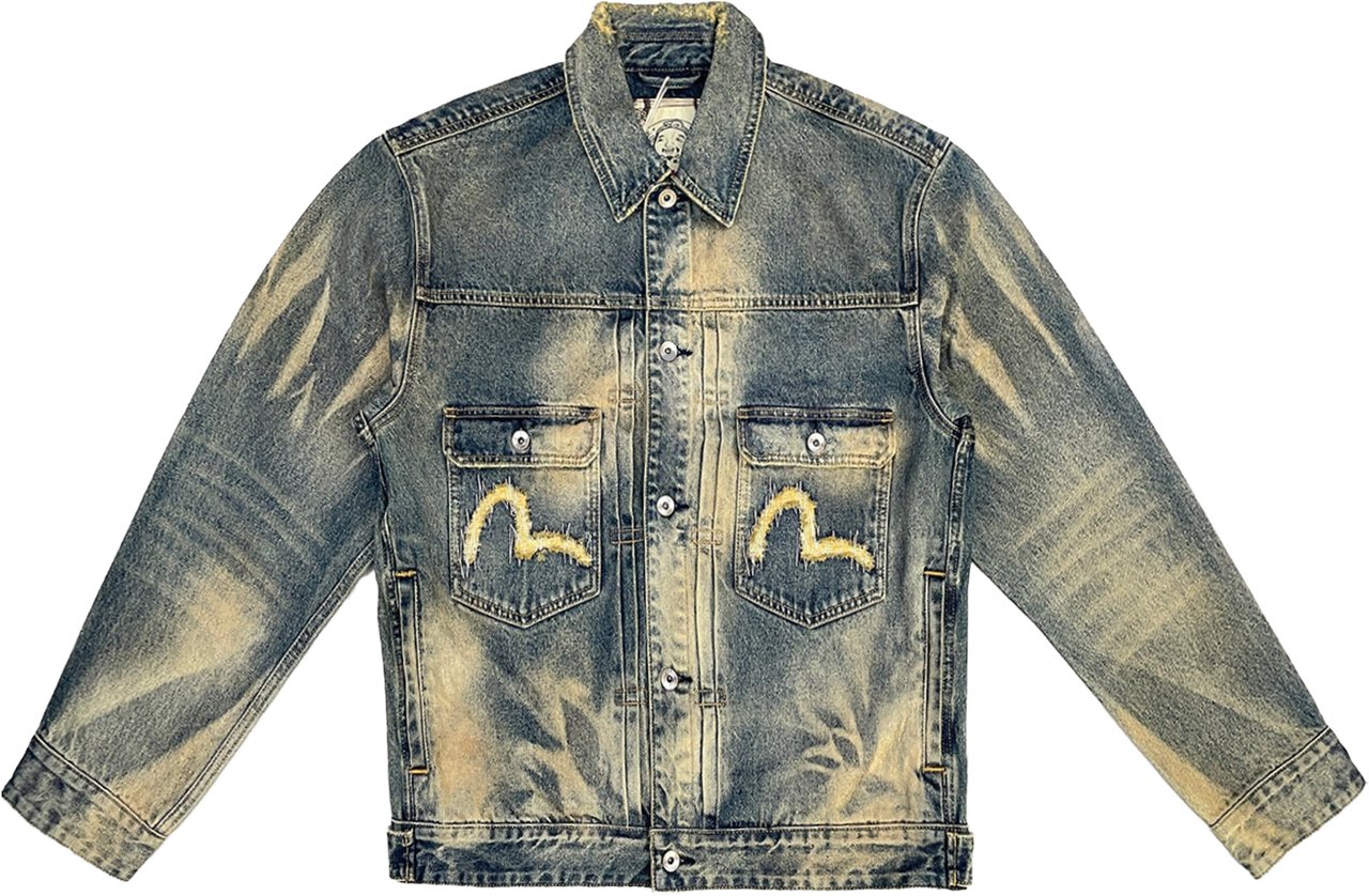 Evisu Giacca Jeans Seagull Embroidery Abstract Washing Denim Mid Tone Indigo Divers