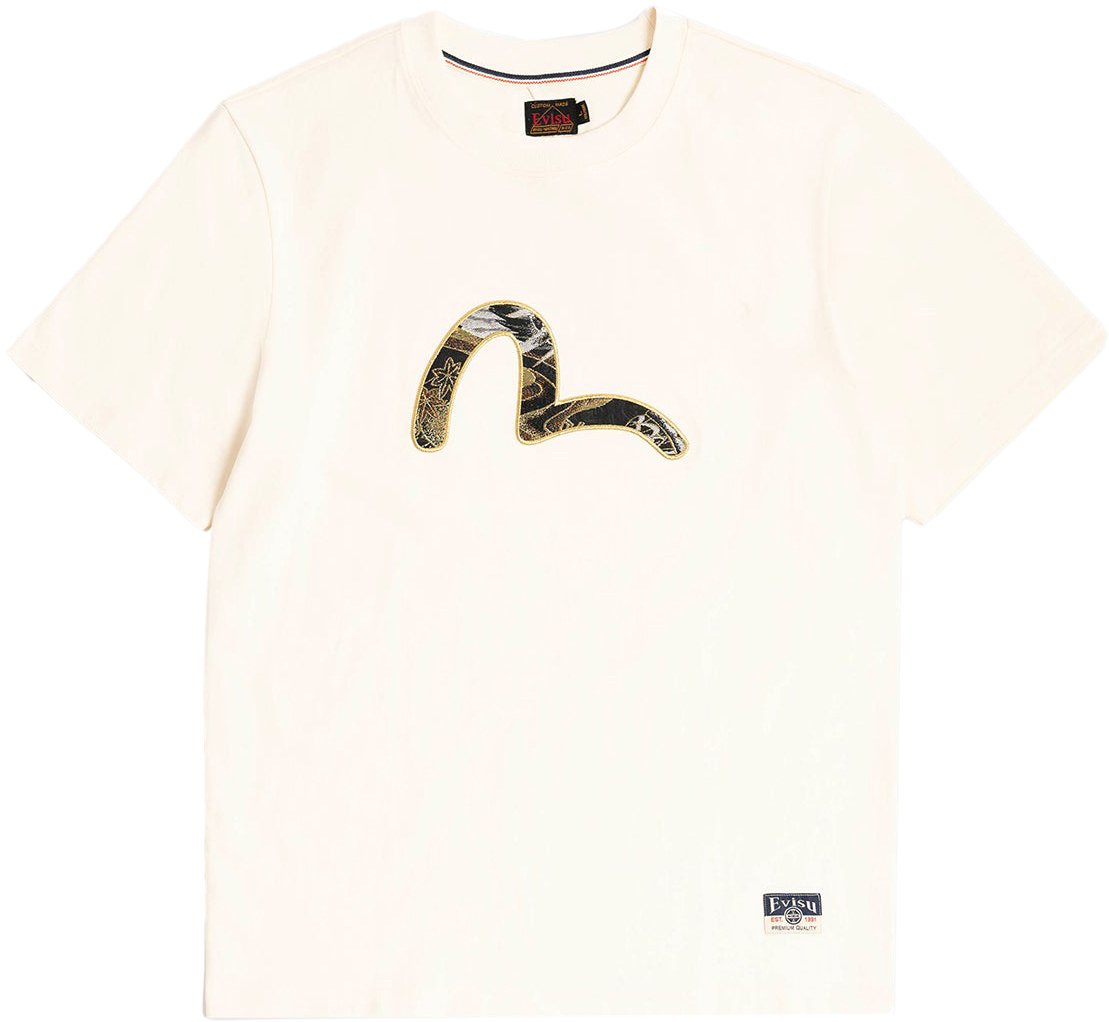 Evisu T-Shirt Seagull Brocade Applique Ecru Divers