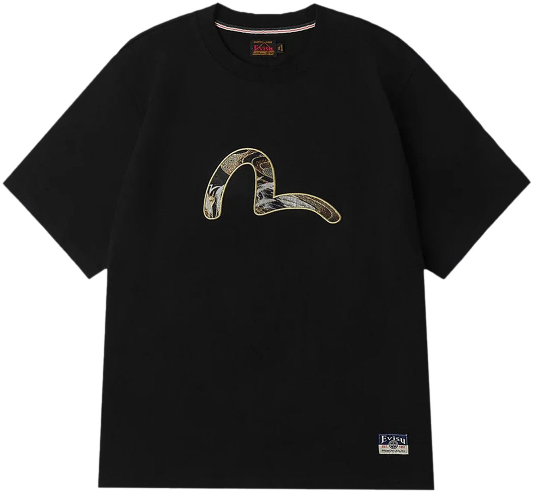 Evisu T-Shirt Seagull Brocade Applique Nera Zwart