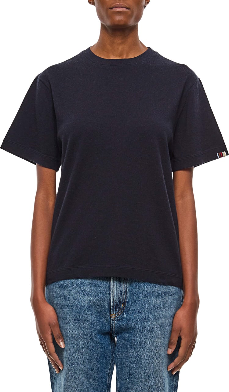 Extreme Cashmere Cashmere Cotton Blend Crewneck T-Shirt with Multicolor Stripe Detail Blauw