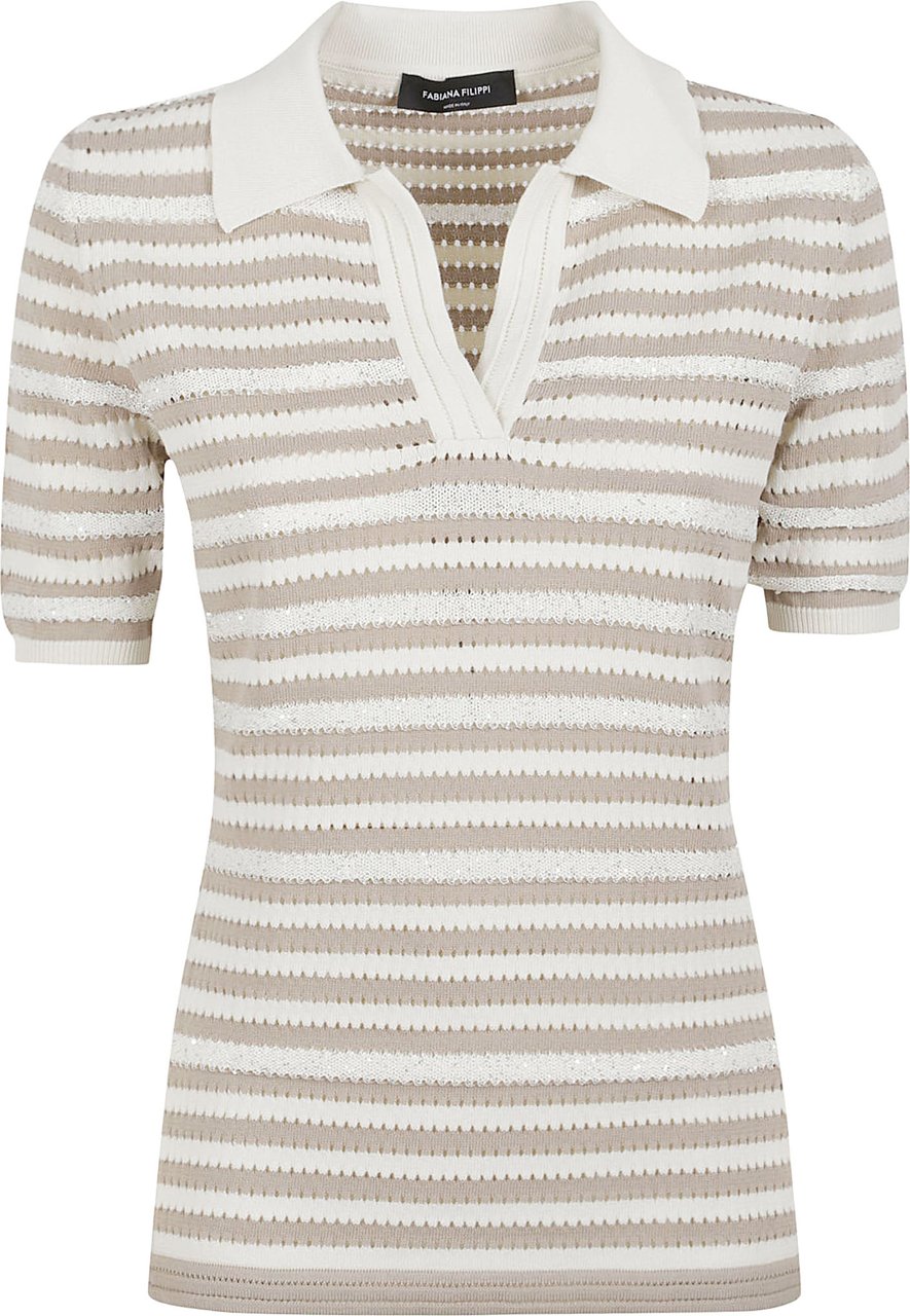 Fabiana Filippi Short-Sleeve Knit Top with V-Neckline Beige