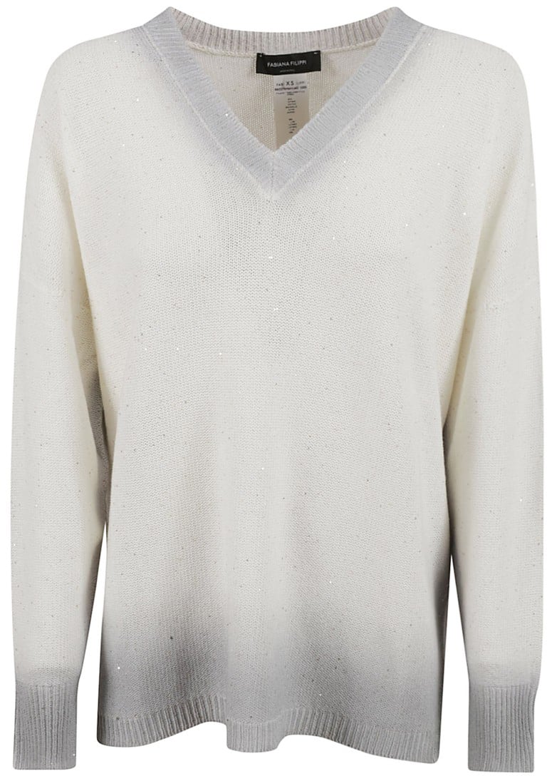Fabiana Filippi V-Neck White Sweater With Subtle Shimmer Wit