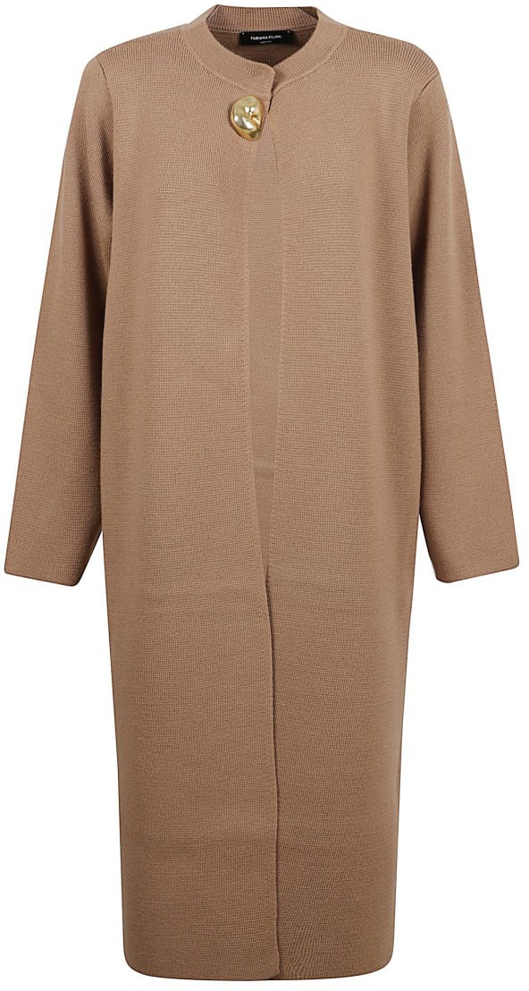 Fabiana Filippi Camel Long Sleeve Sweater With Gold-Tone Button Bruin