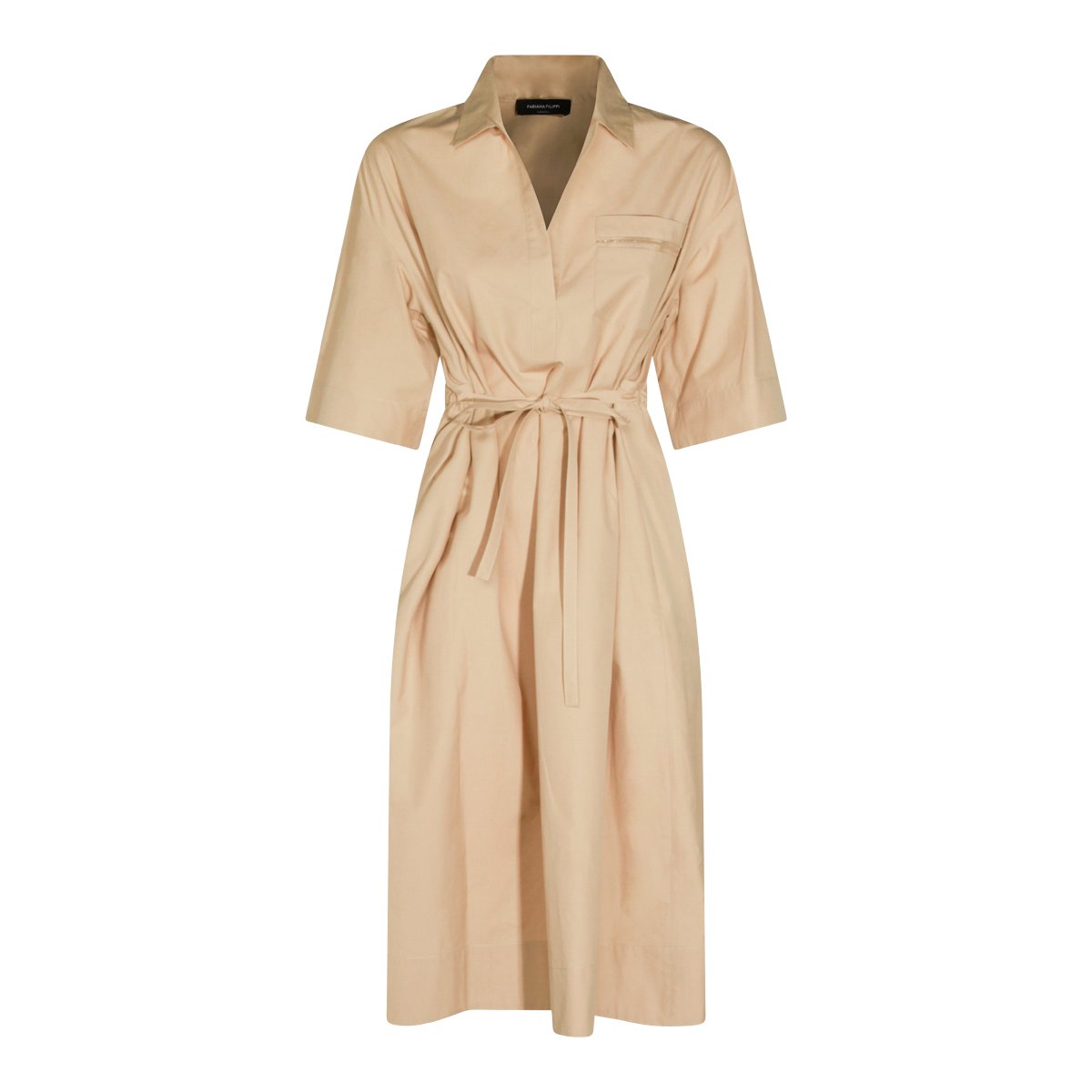 Fabiana Filippi Beige Cotton Midi Dress With Classic Collar And Matchy Belt Neutraal