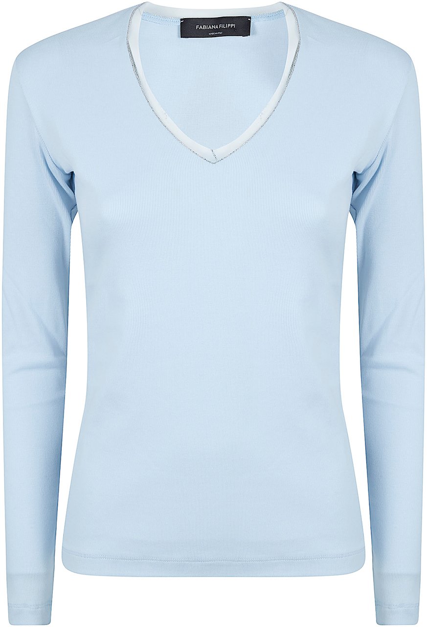 Fabiana Filippi Ribbed Jersey Long-Sleeved Top with Tulle Blauw
