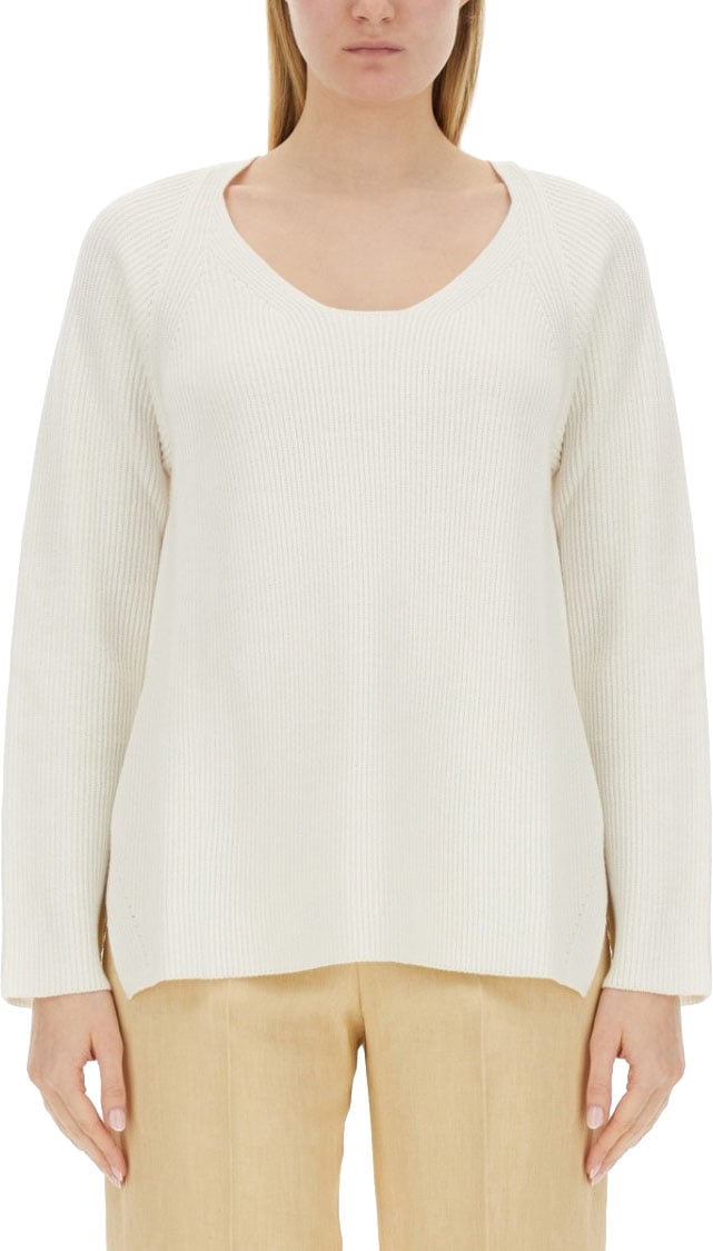 Fabiana Filippi V-Neck Sweater With Ribbed Texture And Side Slits Wit