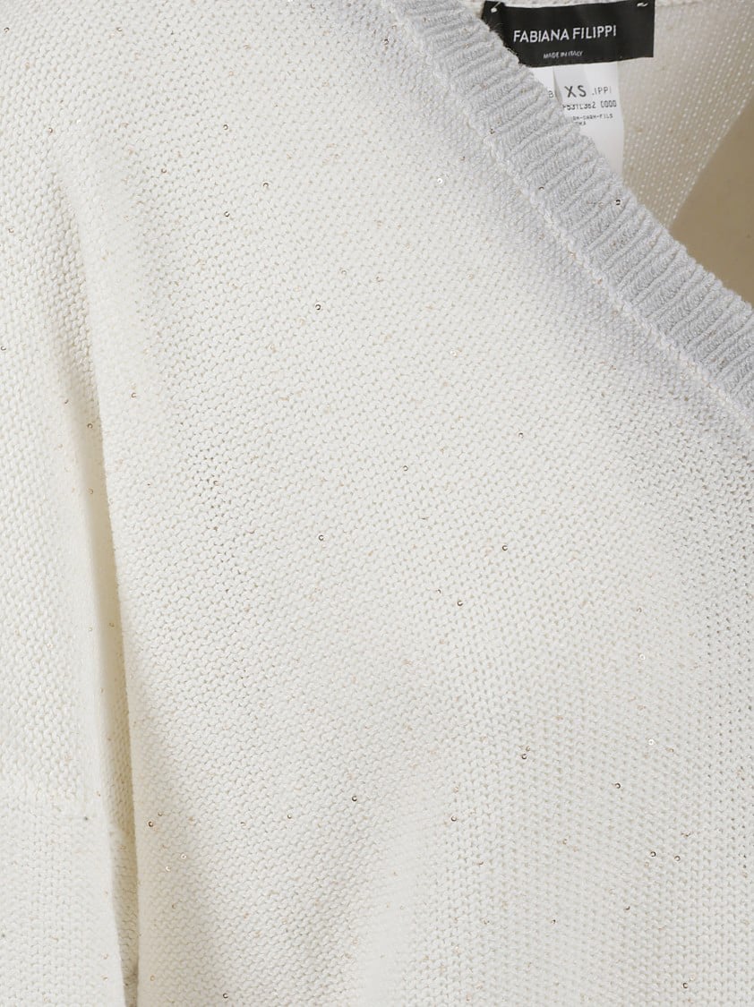 Fabiana Filippi V-Neck White Sweater With Subtle Shimmer Wit