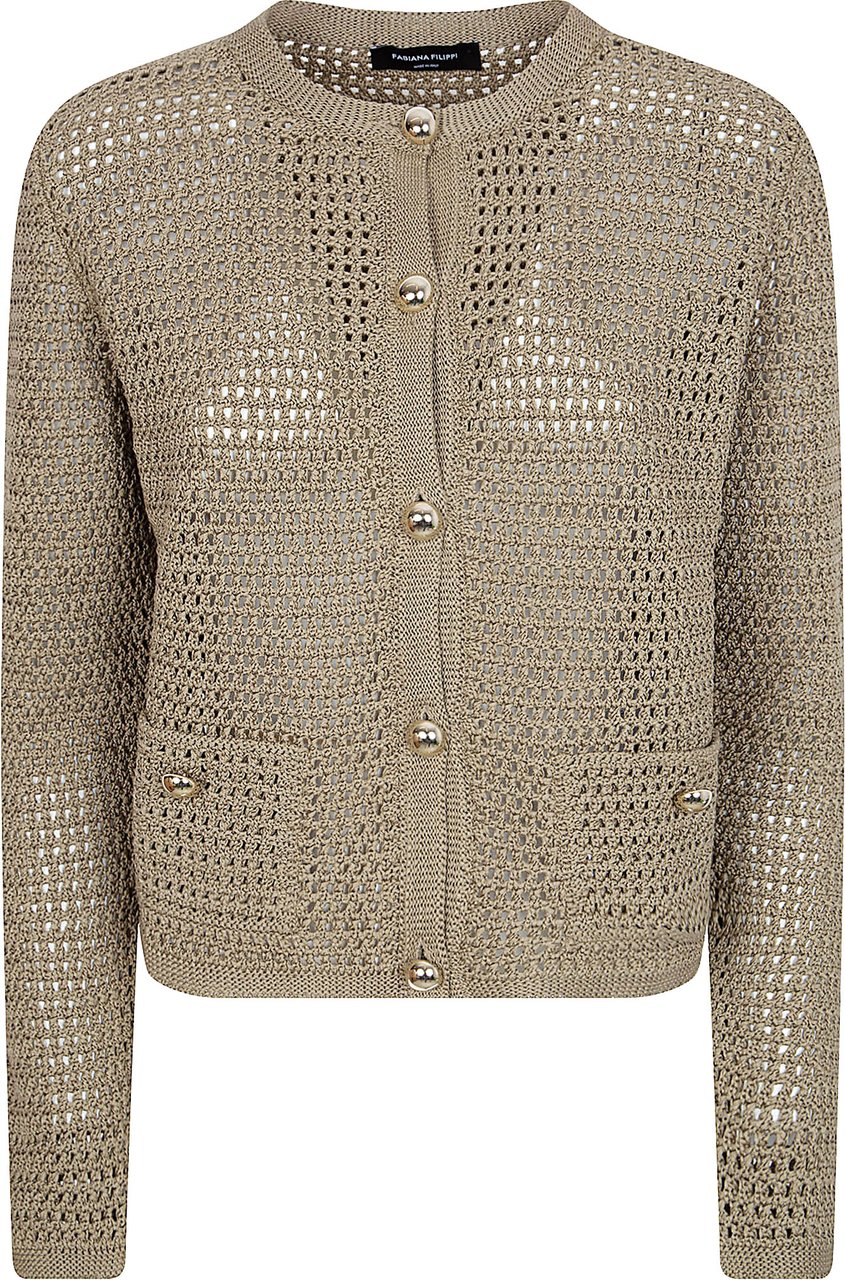 Fabiana Filippi Brown Open-Knit Cardigan with Button-Down Front and Patch Pockets Neutraal