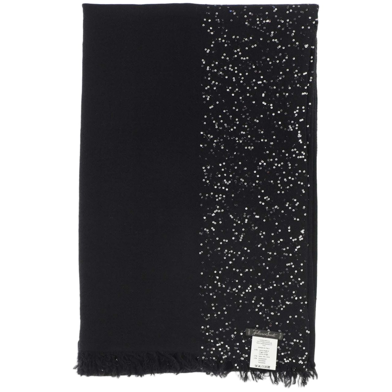 FALIERO SARTI Fringed Black Scarf With Sequin Detailing Zwart