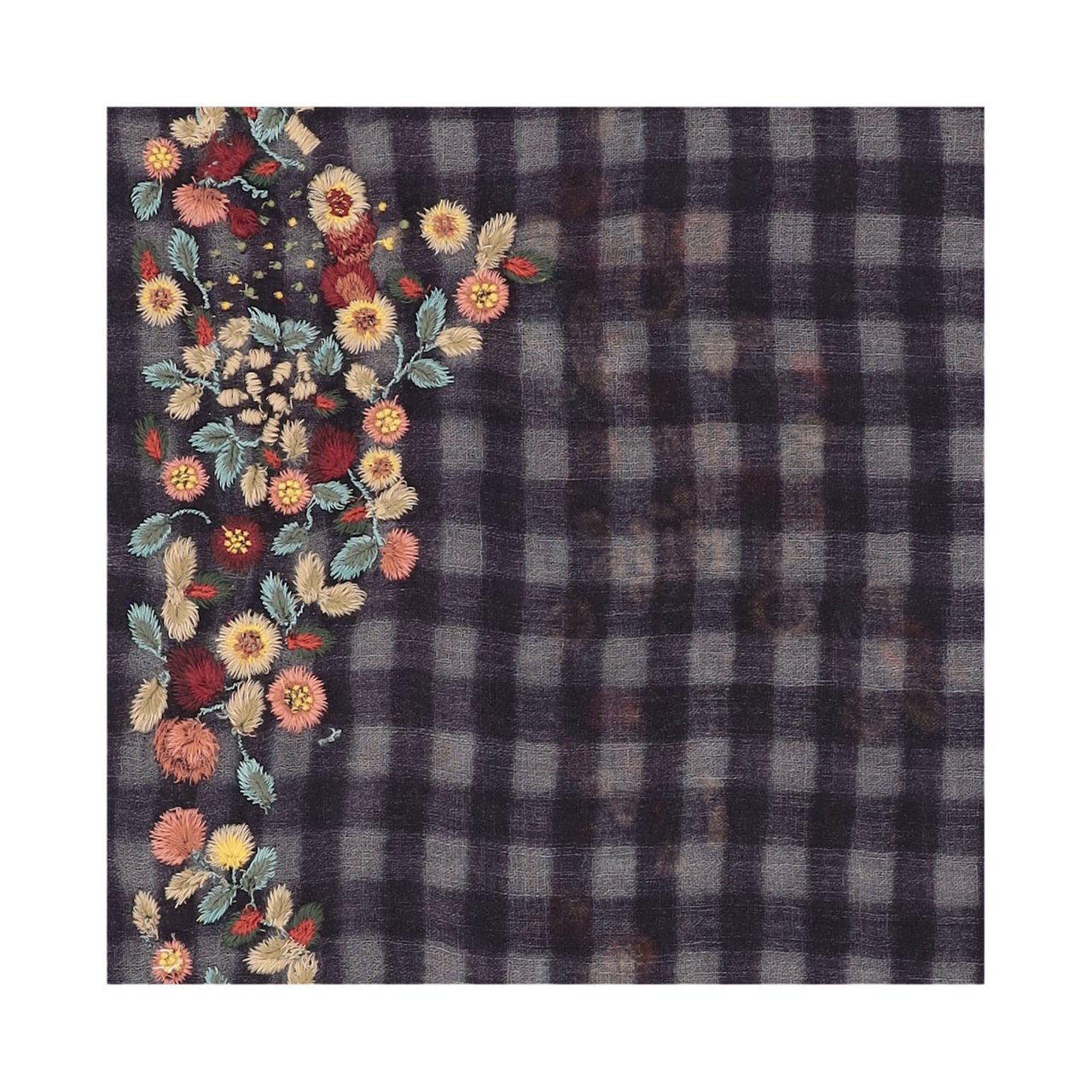 FALIERO SARTI Rectangular Scarf With Floral Appliqués And Check Pattern Grijs
