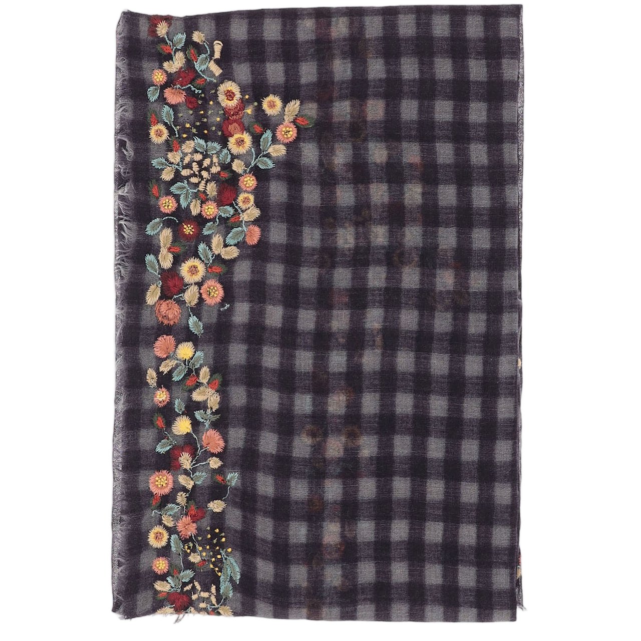 FALIERO SARTI Rectangular Scarf With Floral Appliqués And Check Pattern Grijs