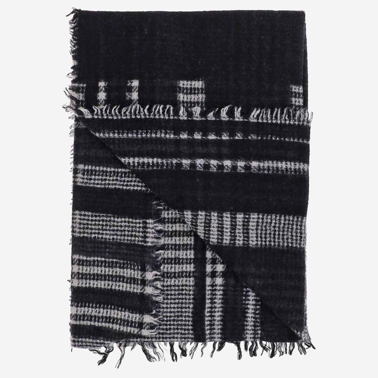 FALIERO SARTI Textured Checkered Scarf with Fringed Edges and Contrast Trim Zwart