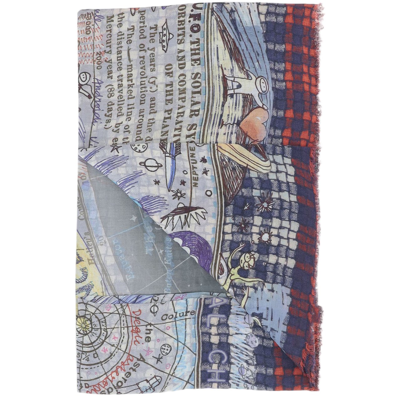 FALIERO SARTI Rectangular Scarf With Fringed Edges And Whimsical Print Grijs