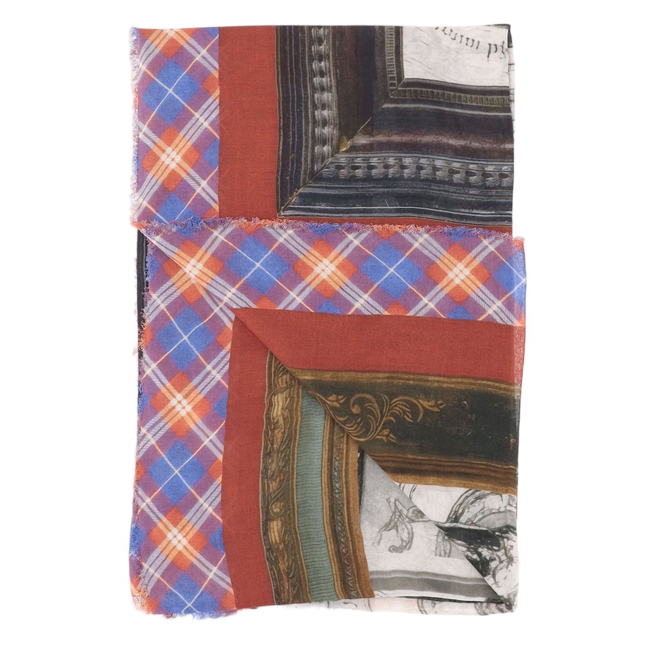 FALIERO SARTI Rectangular Fringed Scarf With Artistic Prints And Plaid Border Grijs