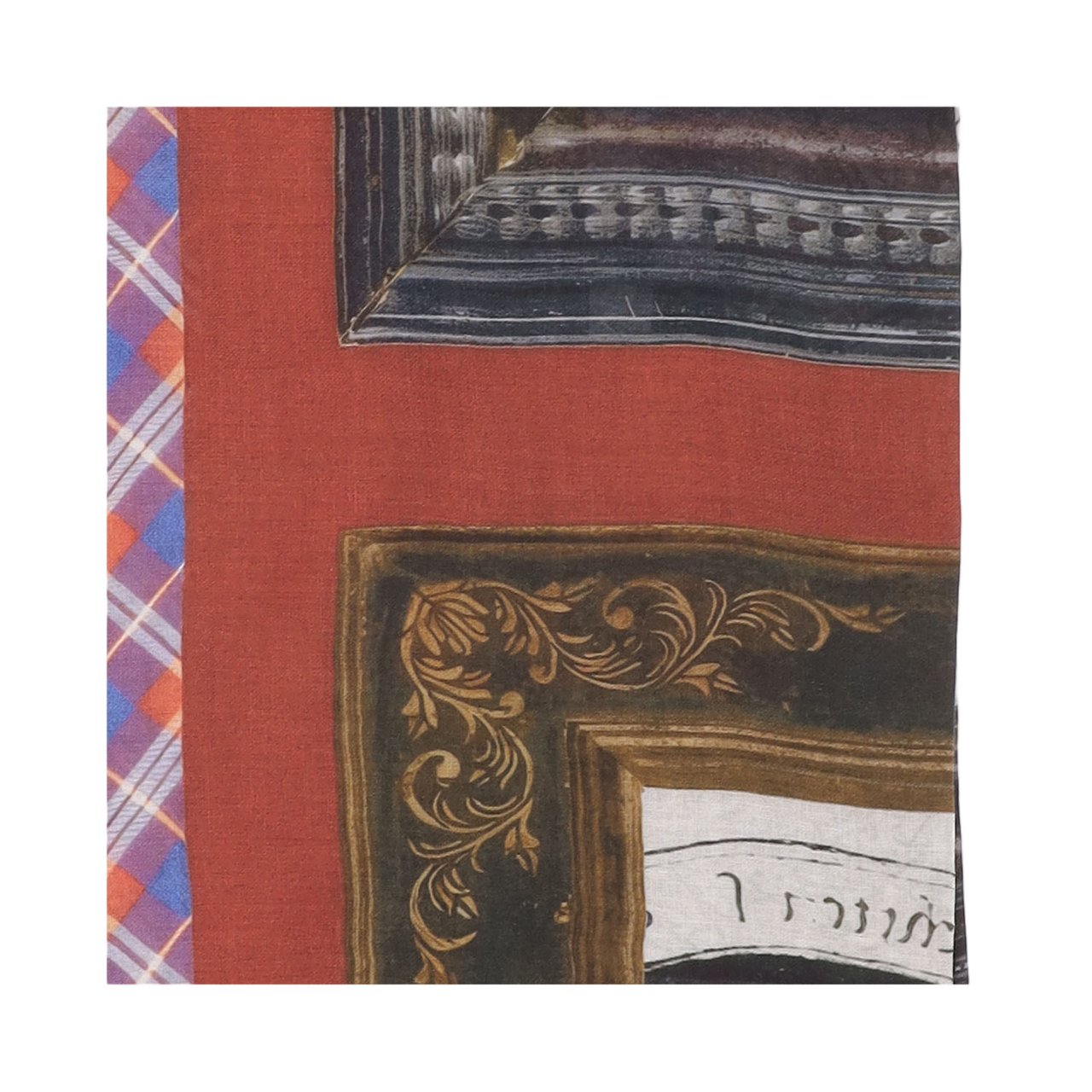 FALIERO SARTI Rectangular Fringed Scarf With Artistic Prints And Plaid Border Grijs