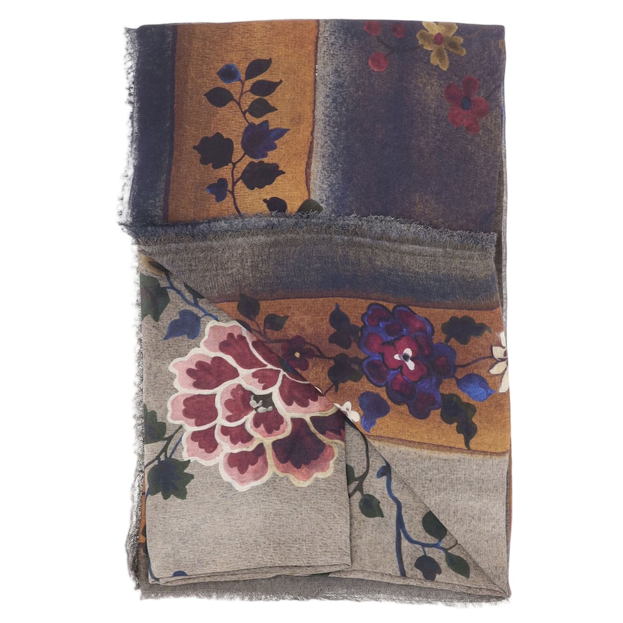 FALIERO SARTI Rectangular Cashmere Scarf With Floral Pattern And Fringed Edges Grijs