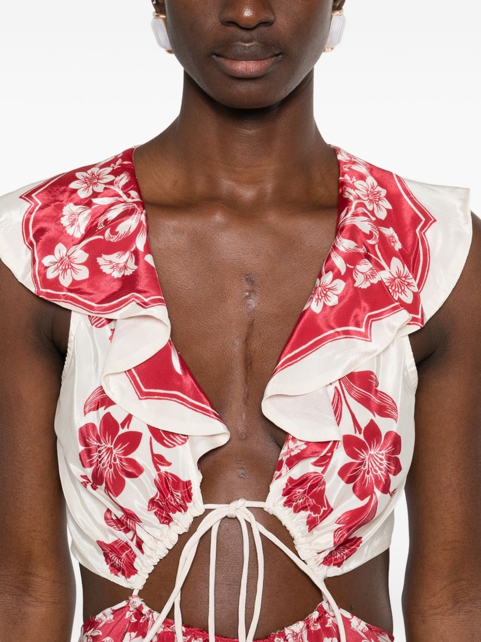 FARM Rio Red Botanical Motif Viscose Midi Dress Rood