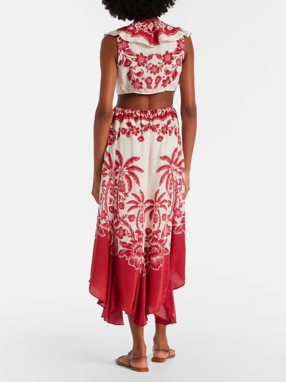 FARM Rio Red Botanical Motif Viscose Midi Dress Rood
