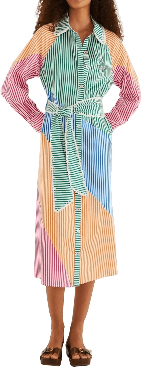 FARM Rio CUTWORK STRIPES LONG SLEEVE CHEMISE MIDI DRESS Divers