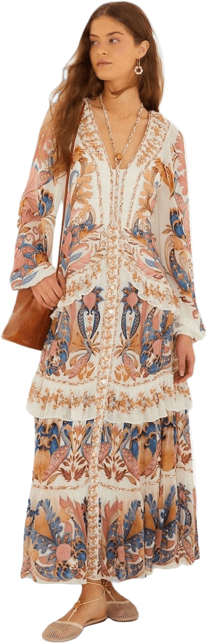 FARM Rio SEA GARDEN OFF-WHITE BREEDTEKENING LANGE JURK Wit