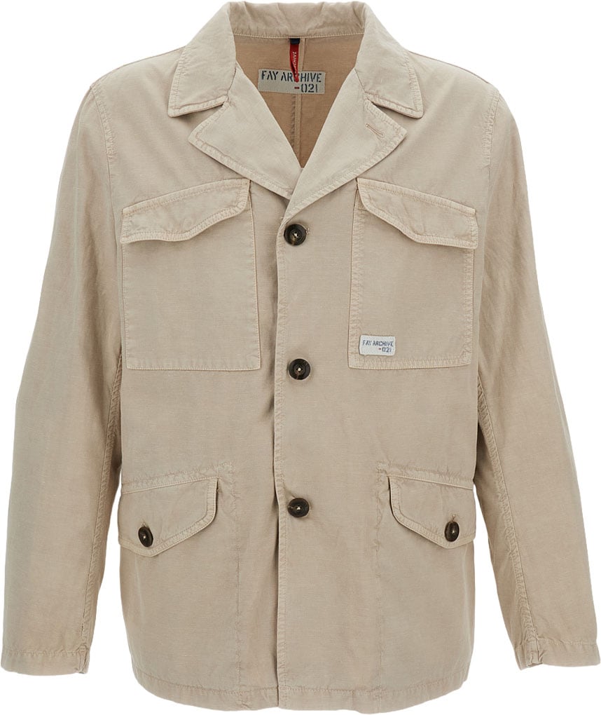 Fay Unlined Utility Jacket in Garment-Dyed Cotton and Linen Gabardine Neutraal