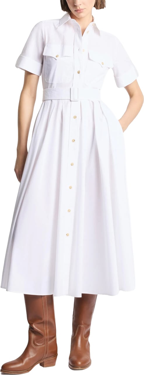 Fay White Midi Structured Collar Belted Dress Wit