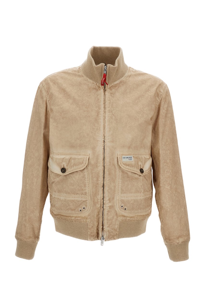 Fay Authentic Garment-Dyed Bomber Jacket with Rib-Knit Details Neutraal
