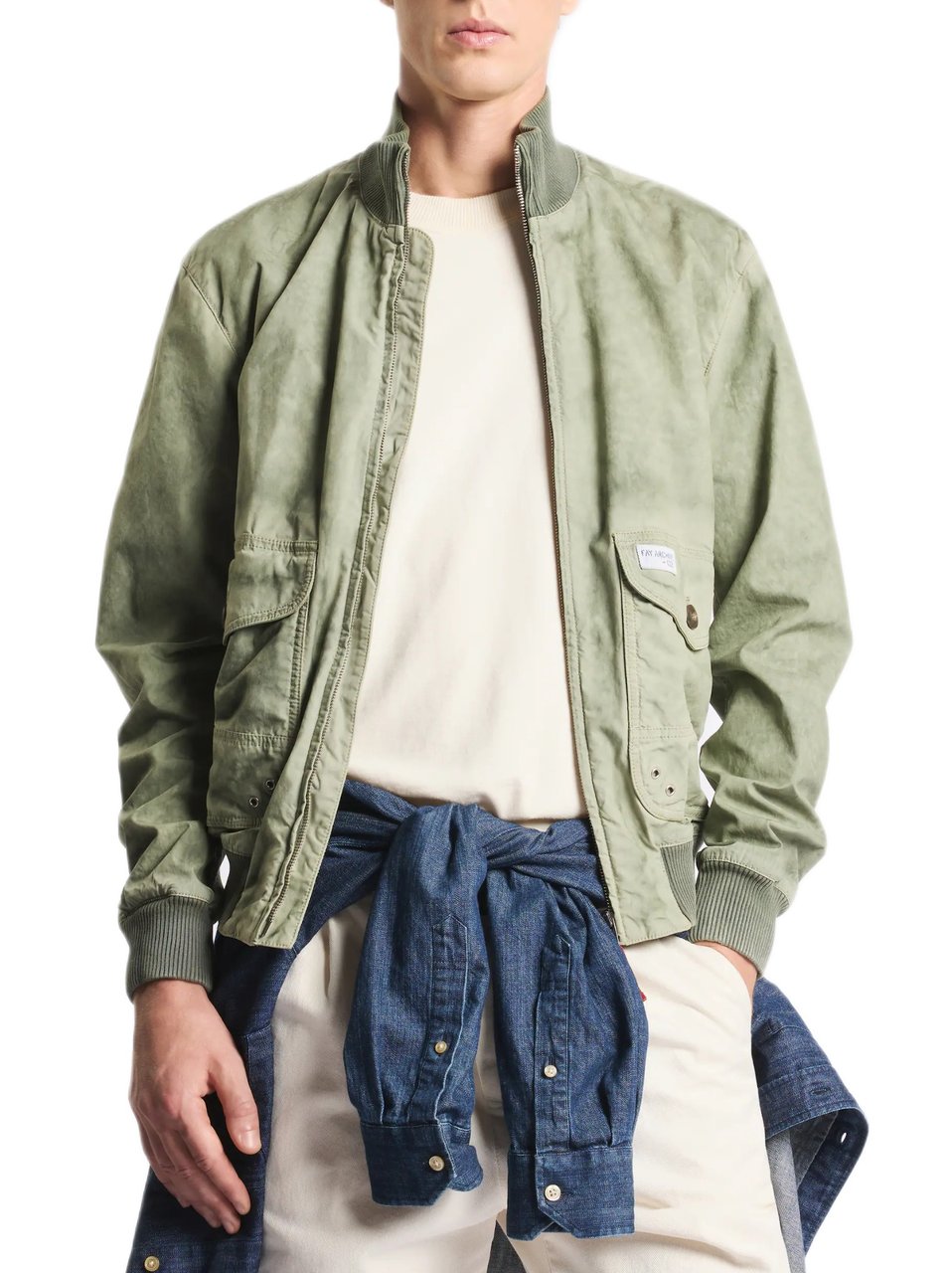 Fay Washed Green Cotton Canvas Bomber Jacket With Ribbed Knit Details Grijs