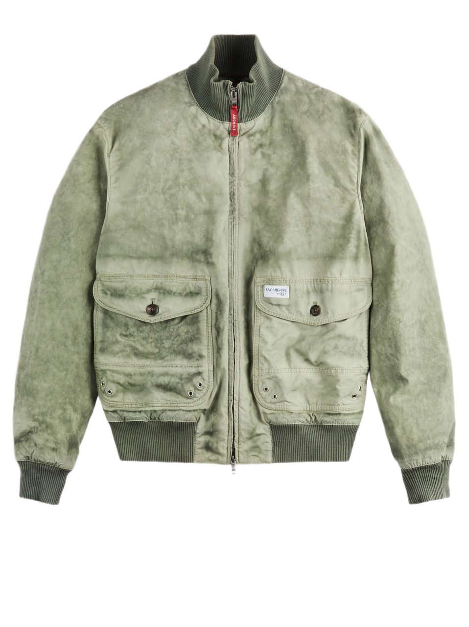 Fay Washed Green Cotton Canvas Bomber Jacket With Ribbed Knit Details Grijs