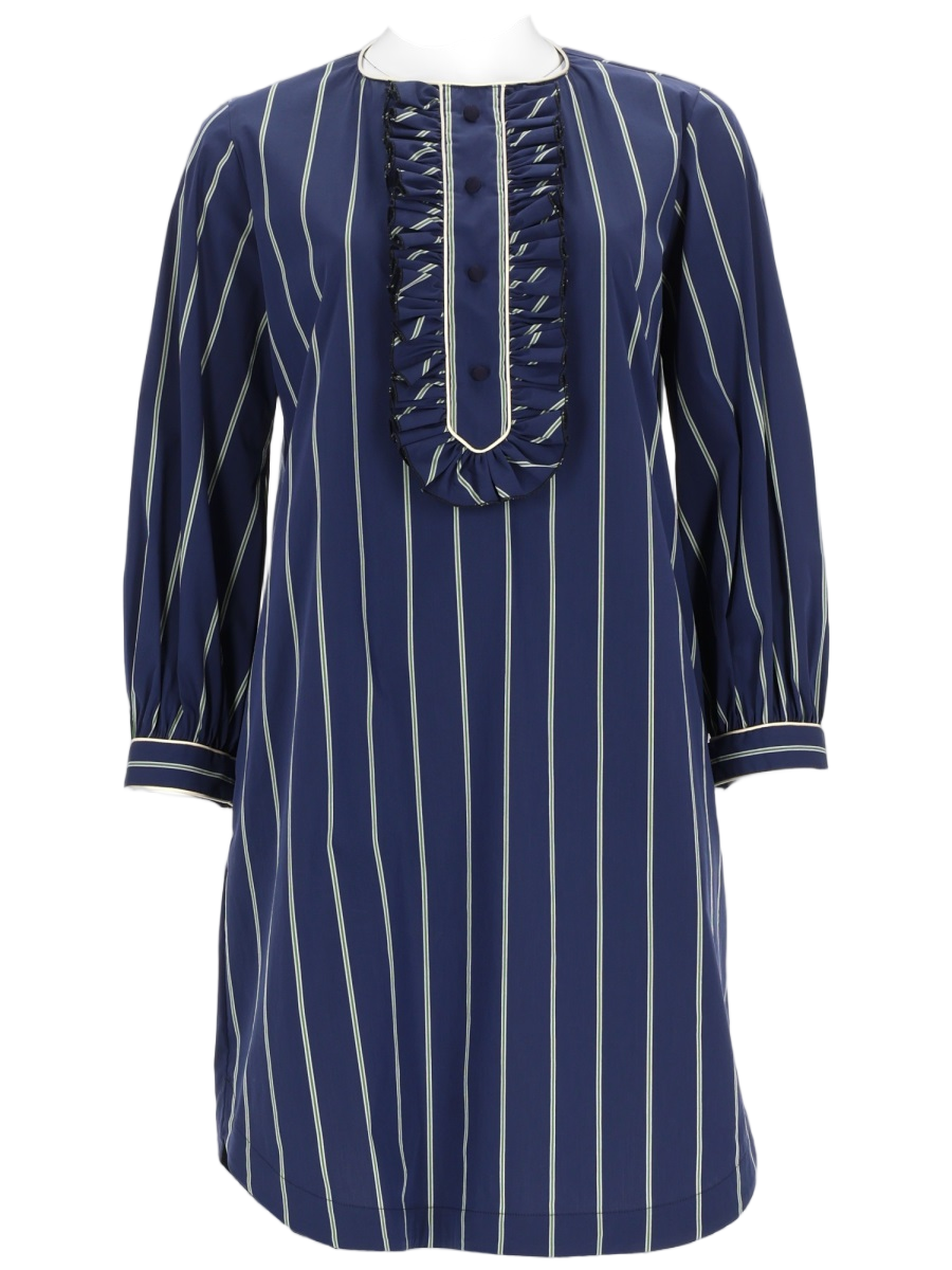 Fay Blue Striped Midi Dress with Ruffled Bib Detail Blauw
