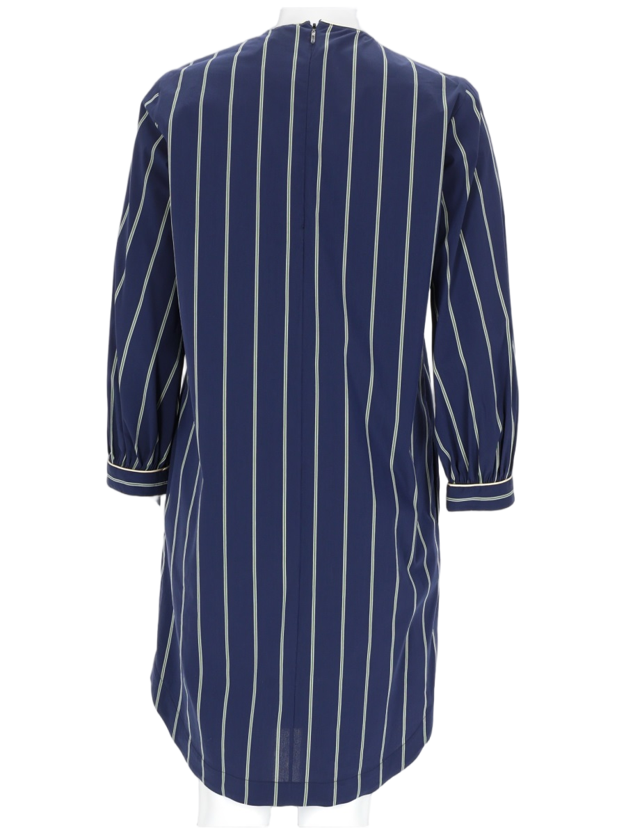 Fay Blue Striped Midi Dress with Ruffled Bib Detail Blauw