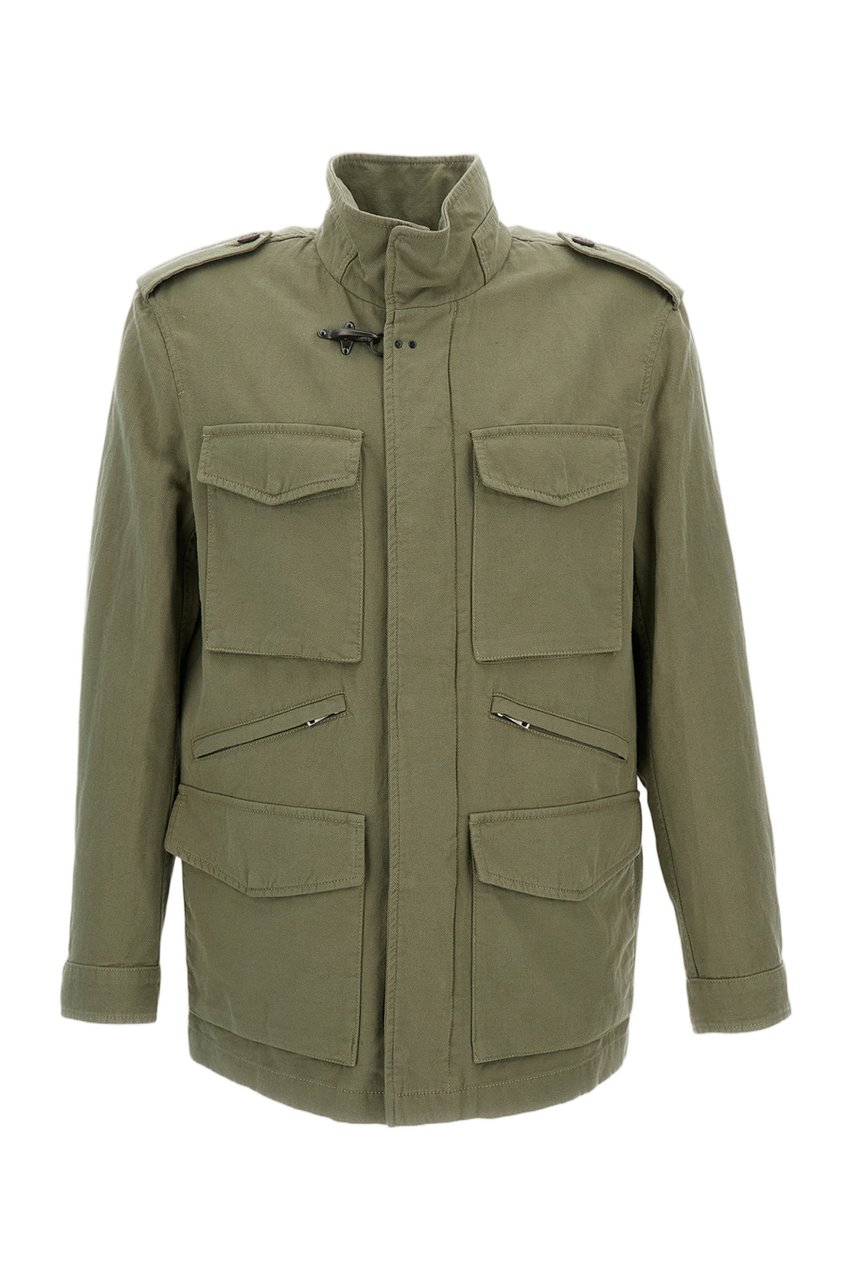 Fay Washed Cotton and Linen Explorer Field Jacket with Iconic Metal Hook Groen