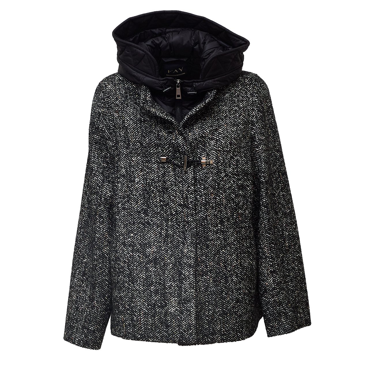 Fay Toggle Cape with Textured Herringbone Pattern and Quilted Details Zwart