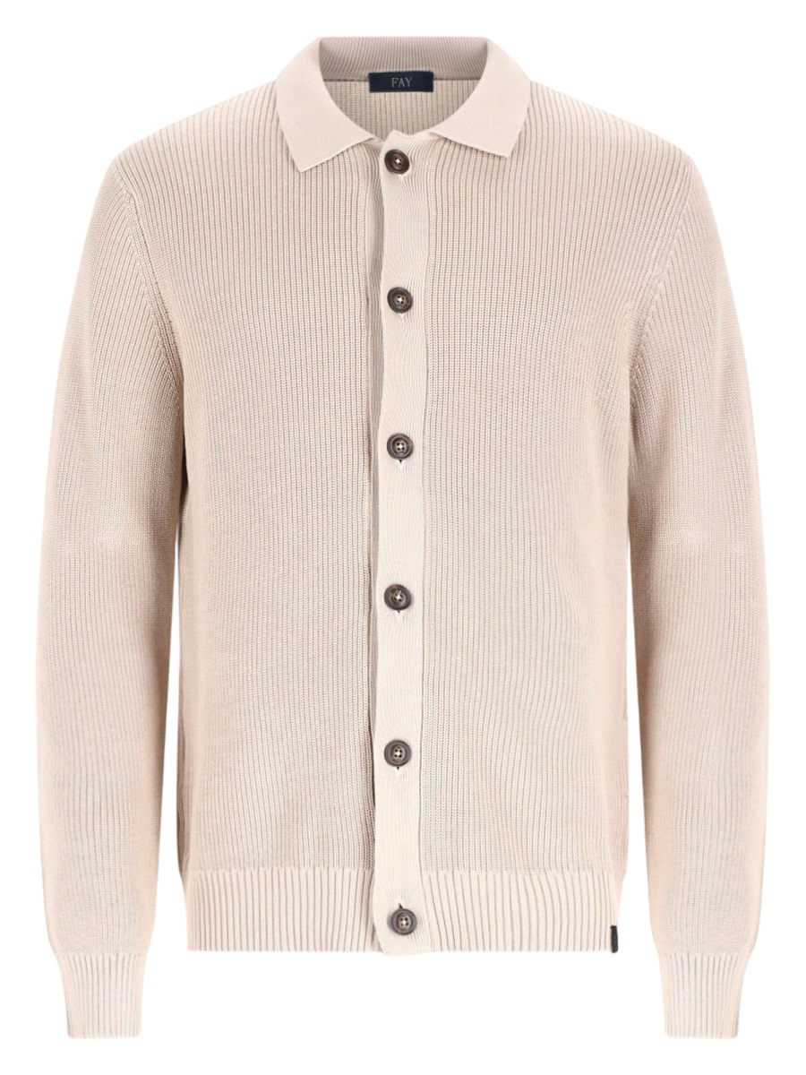 Fay Neutrals Ribbed Knit Button-Down Cotton Cardigan Neutraal