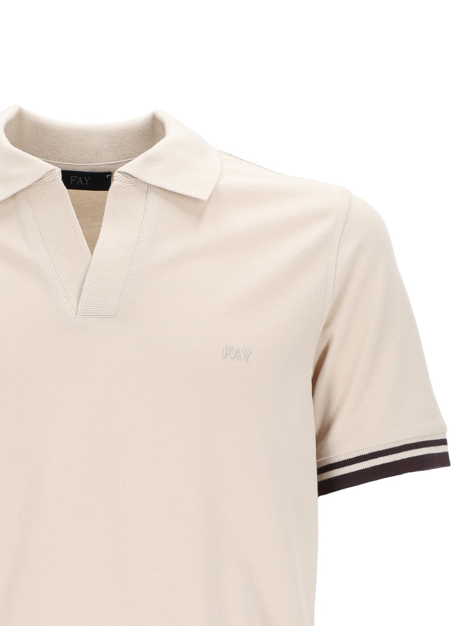 Fay Beige Striped Cuffs V Notch Polo Shirt Neutraal
